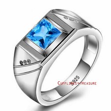 Natural Blue Topaz CZ Gemstones With 925 Sterling Silver Ring For Men's 7898
