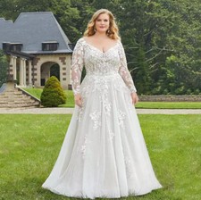 Wedding Dresses Plus Size V-Neck Long Sleeves Bride Gowns A-Line Sweep Train