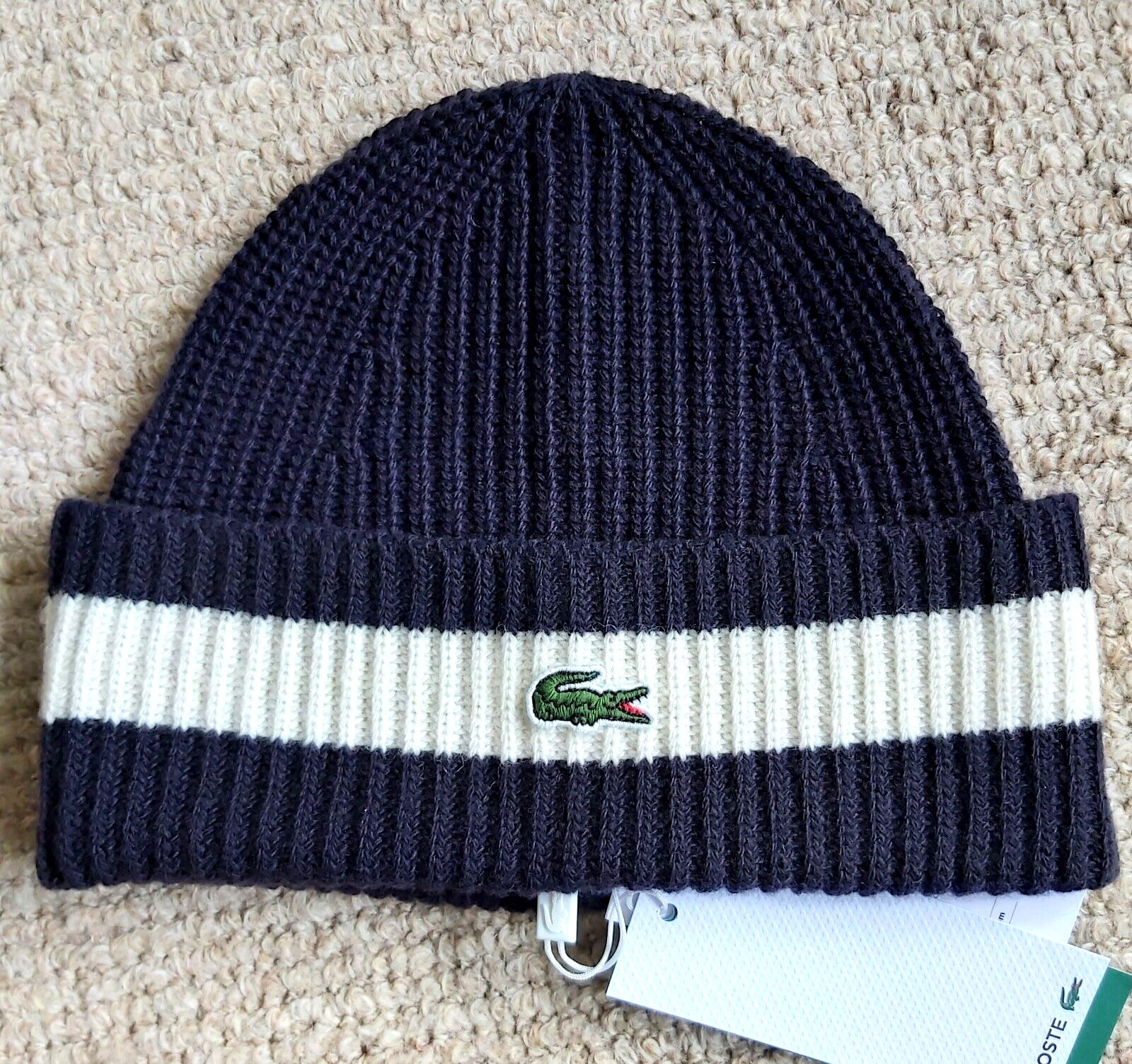 Genuine LACOSTE Navy BEANIE 100% Wool Cuff Hat Toque Made in France RB9883 Lac1