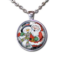 Sweet Snowman and Santa Claus - Handmade ROUND Glass Pendant Necklaces