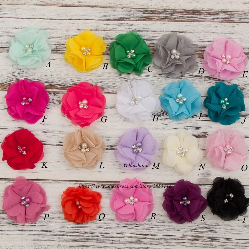 120PCS Mini Chiffon Fabric Flowers Pearl Rhinestone For Hair Clips Accessory DIY - Image 2 of 4