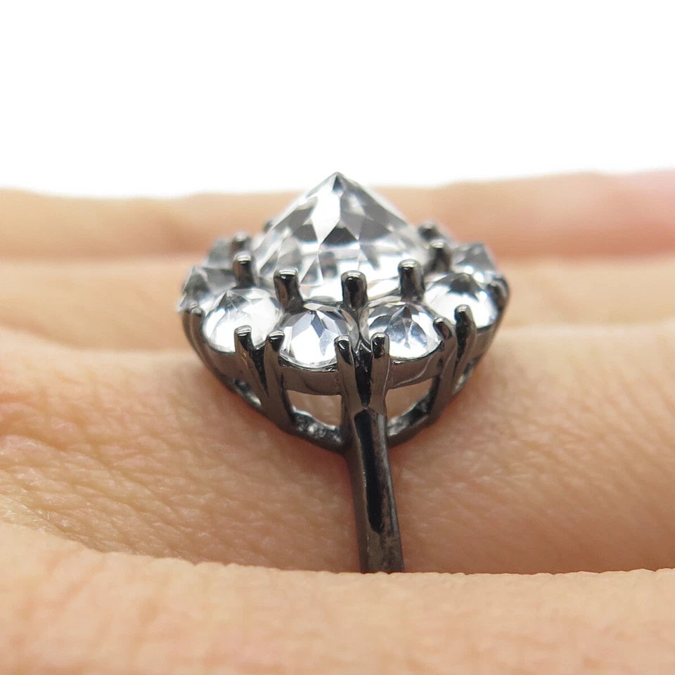 Anillo con racimo de gemas de topacio blanco real rodio negro de plata de ley 925 talla 7,25 Foto 2 de 4