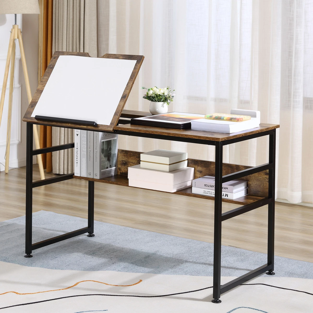 Tiltable Drafting Table Home Office Computer Desk w Open Shelf