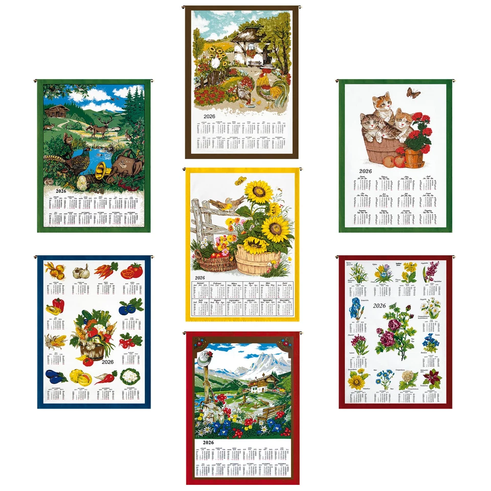 GGM Stoffkalender 2026 Wandkalender Baumwolle 45x65cm 7 Motive mit Stab & Kordel