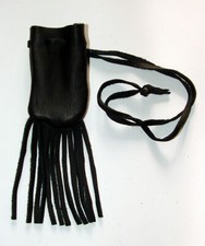 Medicine Bag w/ Fringe 3"x5"  fringe 32" L Drawstring BLACK LEATHER
