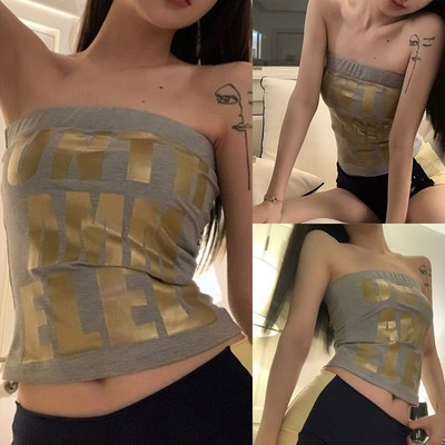 Retro Gyaru Women Off-shoulder Tube top Print Tank top Fashion Tight Top