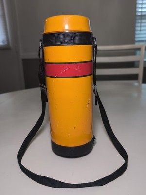 Vintage Japan Yellow Red Stripe TIGER Thermos Vacuum Bottle Glass Interior 70s