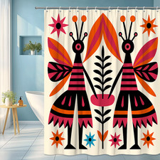 Colorful Boho Shower Curtain with Striped Butterflies and Floral Design