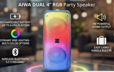 Aiwa  AI6013-BLK Dual 4" Wireless Bluetooth Speaker Multi Color Lighting- New