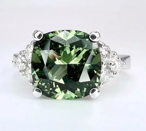 5 Ct Certified Cushion Shape Natural Green Diamond Ring VVS1 White Gold Finish