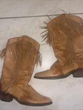 VTG Dingo Boots 11" Western Cowboy Leather Fringe Tan Made in Mexico Women's 7 M