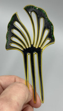 Antique ART DECO Green Rhinestone HAIRCOMB Black Celluloid Ornament