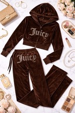 Womens Y2K Velour Tracksuit Brown Size M NWT Hooded 2Pc Set