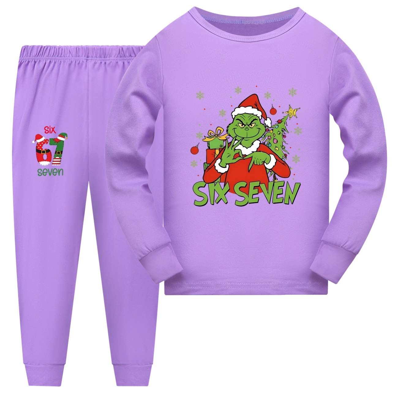 Girls Boys 67 Grinch Christmas Pyjamas Kids Six Seven Nightwear Top Pant Pjs Set image 8