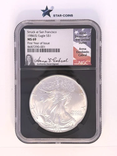 1986(S) Silver Eagle NGC MS69 Anna Cabral Signed **Cert#-001**