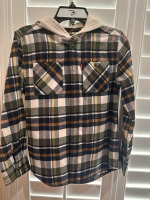 Levi s Boys Hooded Flannel Jersey Shirt Button Pockets Oatmeal Heather NWOT M(8)