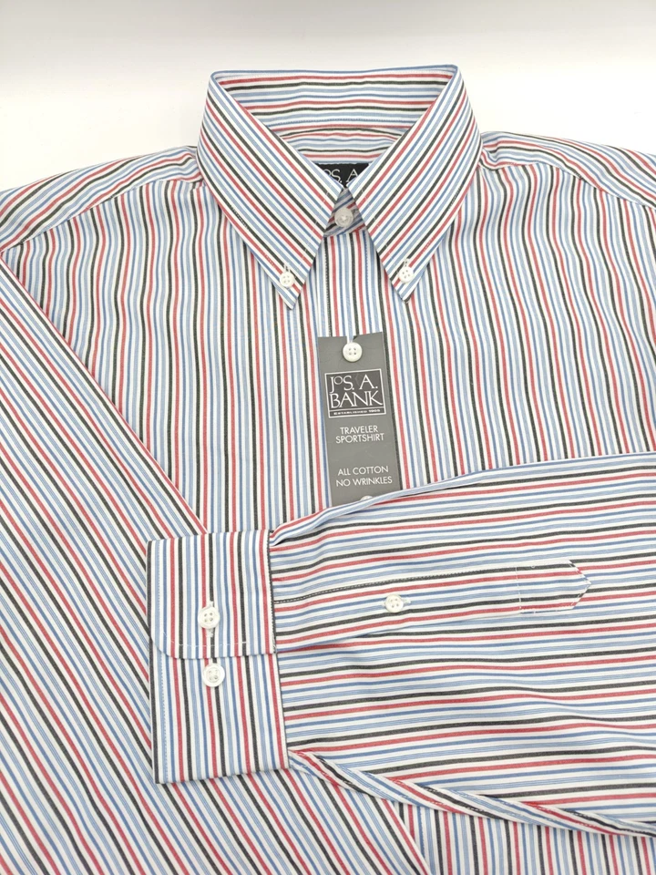 🇺🇲 New Jos A Bank Mens M 15.5x34 Red Blue Black Traveler Button Down Shirt - Image 2 of 4