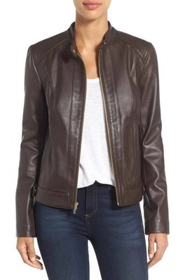 Motorcycle Jacket Women Handmade Classis Lambskin Leather Brown Biker Jacket