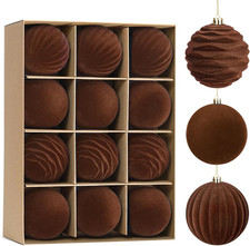 12PCS Brown Velvet Christmas Ornaments, 3.15 Inch Shatterproof Decor Balls