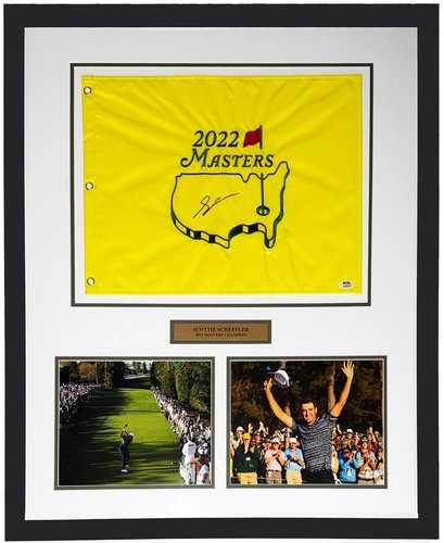 Scottie Scheffler Autographed Masters Flag PSA DNA COA Framed Photo Plate 28x32
