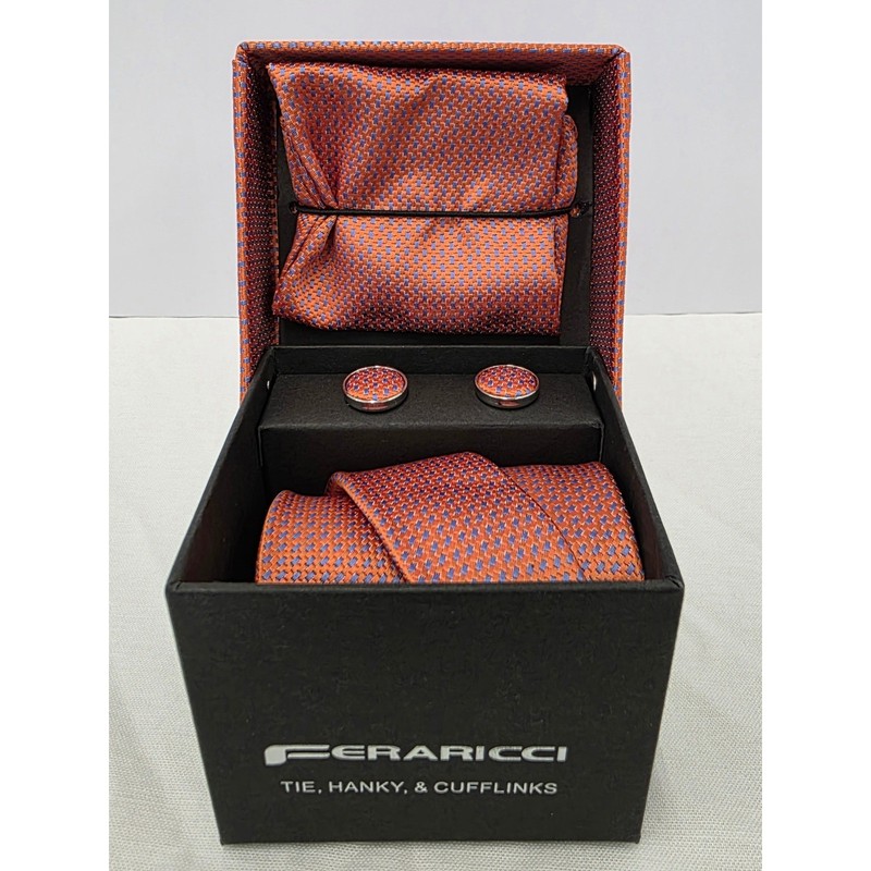 Fera Ricci Mens Tie Hanky Cufflinks Set Orange Blue Textured Micro Pattern#28