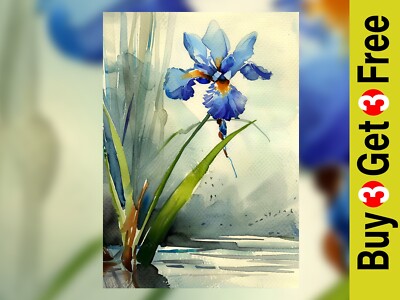 Blaue Iris Blüte 5''x7'' Druck auf mattem Papier | Elegante Aquarell Blumenmalerei