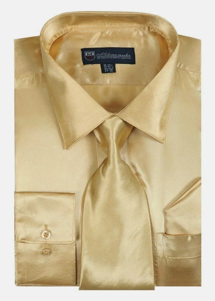 gold dress shirt near me Men's Regular Fit Shiny Satin Dress Shirt, Tie & Pocket Square Set in Gold 20½ 35/36 / Gold main image 1