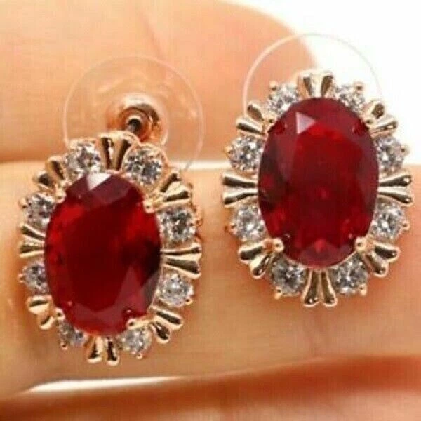 14K Rose Gold Plated 2.90Ct Lab Created Oval Red Ruby Diamond Halo Stud Earrings - Image 4 of 4