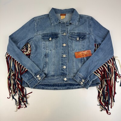 NWT Scully Womens Size M Denim Jacket Tassel Cowgirl Western Colorful Fringe