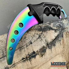 7.5" Training Knife Fixed Blade Knife STEEL BLADE Safety Edge Karambit Rainbow