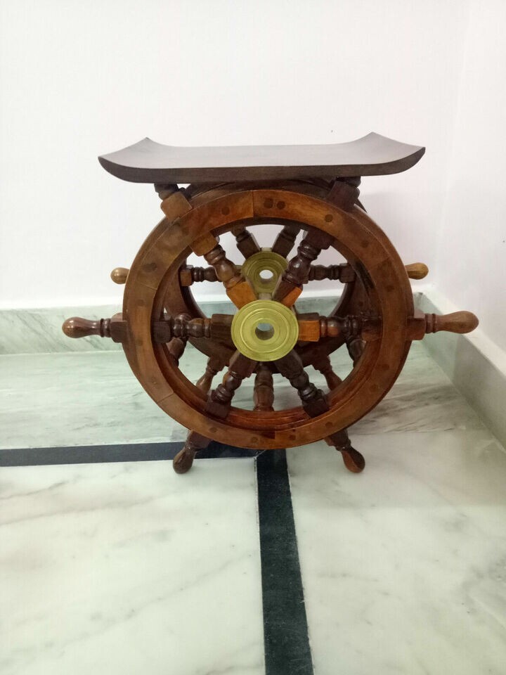 Nautical Wheel Table Ship Boat Steering End Decor Pirate Wooden Teak