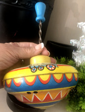 Vtg OHIO ART Tin Litho SPINNING TOP TOY Red Blue Yellow CIRCUS TRAIN Med 8" High