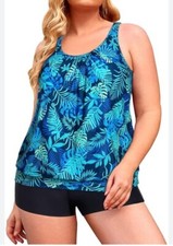 Aqua Eve Womens Size XL Tropical Leaf Print Tankini Set Boy Shorts W/Drawstring