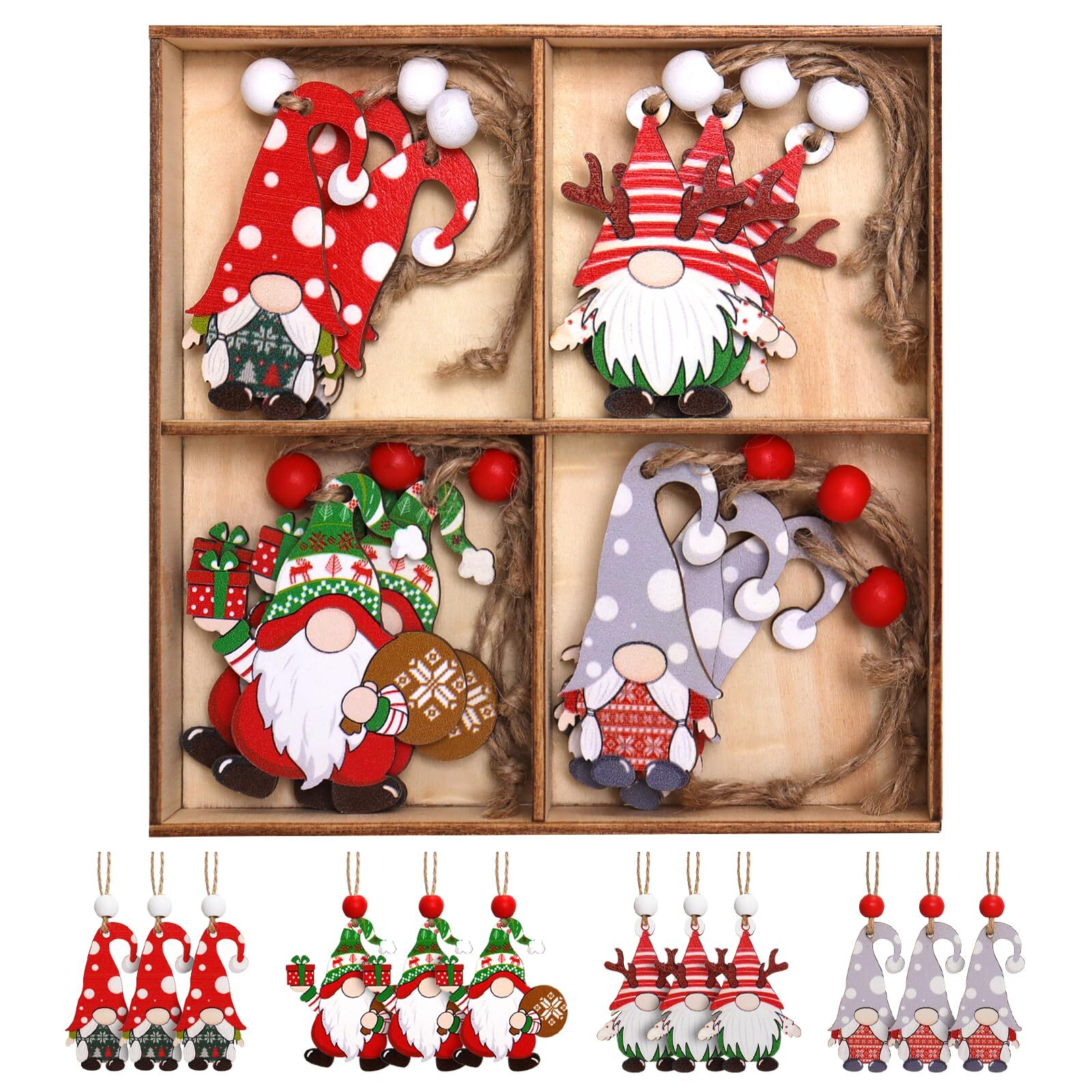 Funny Christmas Ornaments, 12pcs Gnome Wooden Ornaments Set for Christmas Tre...