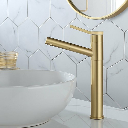 Brushed Gold 360° Rotate Pull Out Basin Faucet 1 Handle Vessel Sink Mixer Taps - Picture 7 of 8