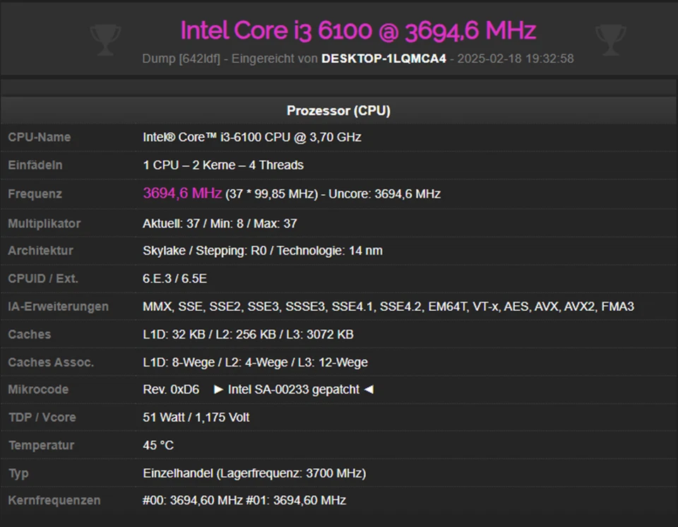 Intel Core i3-6100 CPU Sockel 1151 | 2x 3.70 GHz 4 Threads - Bild 3 von 3