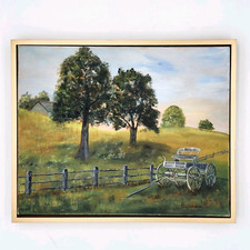 Original Oil Painting Farm Scene Horse Drawn Wagon Cart Fence Tree Hillside Art