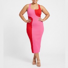 Naked Wardrobe Pink Red Colorblock Ribbed Midi Bodycon Dress Large