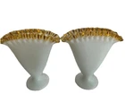 Pair 2)Vintage Fenton Milk Glass Amber Gold Crest Fan Vase 6¾" Tall