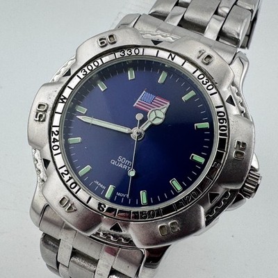 Kristine Quartz Watch Men 50m Silver Blue Rotating Bezel US Flag New Batter 7.5''