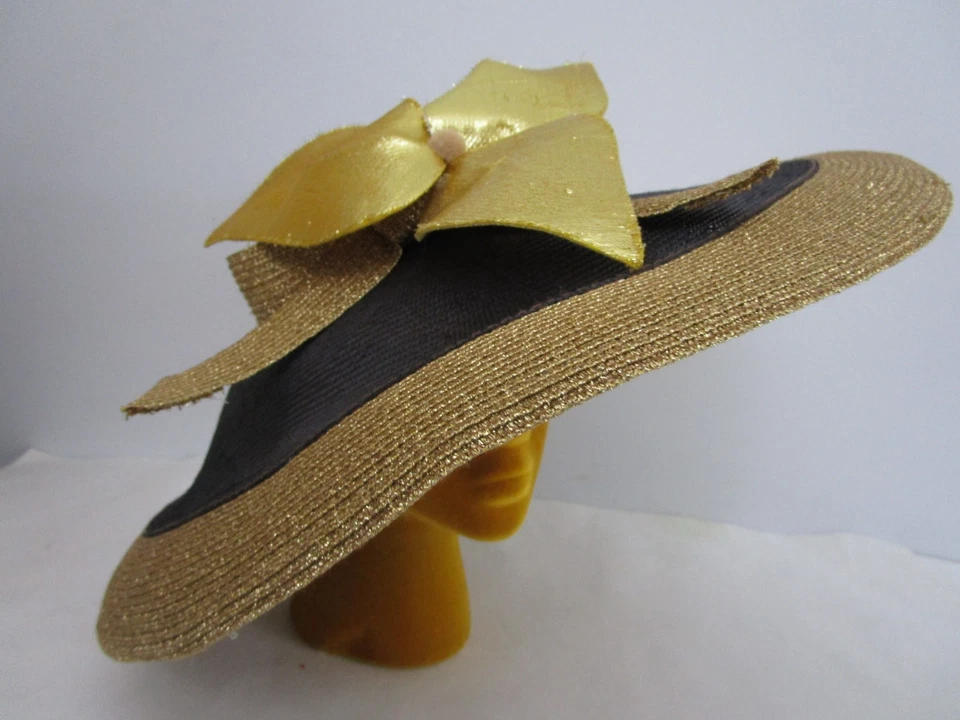 Jack McConnell Parasisal Fine Straw Hat Wide Brim Navy Gold Lurex Church Wedding - Image 3 of 4