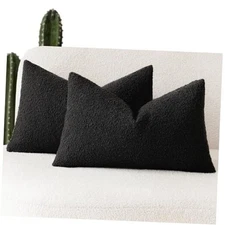  Set of 2, Decorative Textured Boucle Throw Pillow 20" x 12" (Pack of 2) Black