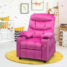Costway Kids Youth Recliner Chair Velvet Fabric w/Cup Holder & Side Pocket Pink