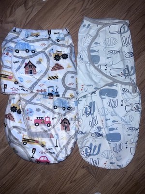 Ribmates Lot of 4 Baby Swaddles One Size Vehicles, and 3 with Ocean Print