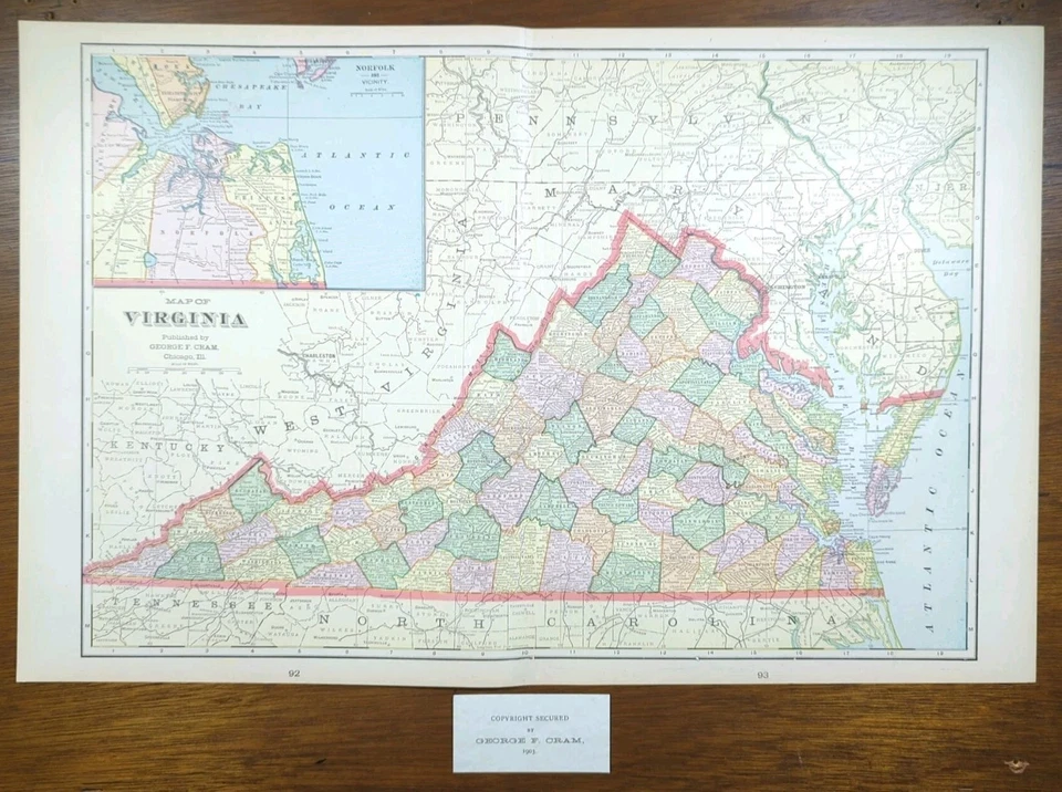 Mapa vintage de Virginia 1903 22"x14" antiguo original CHESTERFIELD RICHMOND VA Foto 2 de 4