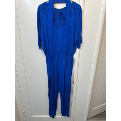 VTG Reds Threads Original Royal Blue Eyelet Jumpsuit XL Handmade Rayon Indonesia