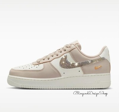 Womens Beige Nike Air Force 1 Low Sneakers Customized with Swarovski Crystals