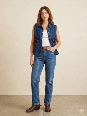 Vintage Shelly & Arnold Denim Vest Medium Blue Embroidered Boho Teacher Cowgirl
