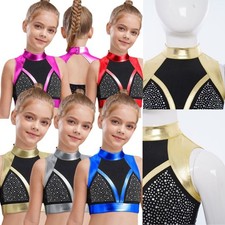 Kids Girls Bra Training Crop Top Performance Vest Metallic Shirts Hip Hop Jazz