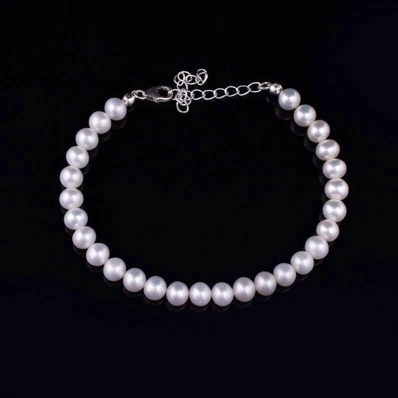 Hermosas pulseras redondas lisas de perlas blancas con cuentas de piedras preciosas de 4-6 mm para mujer de 6-8"" Foto 2 de 4